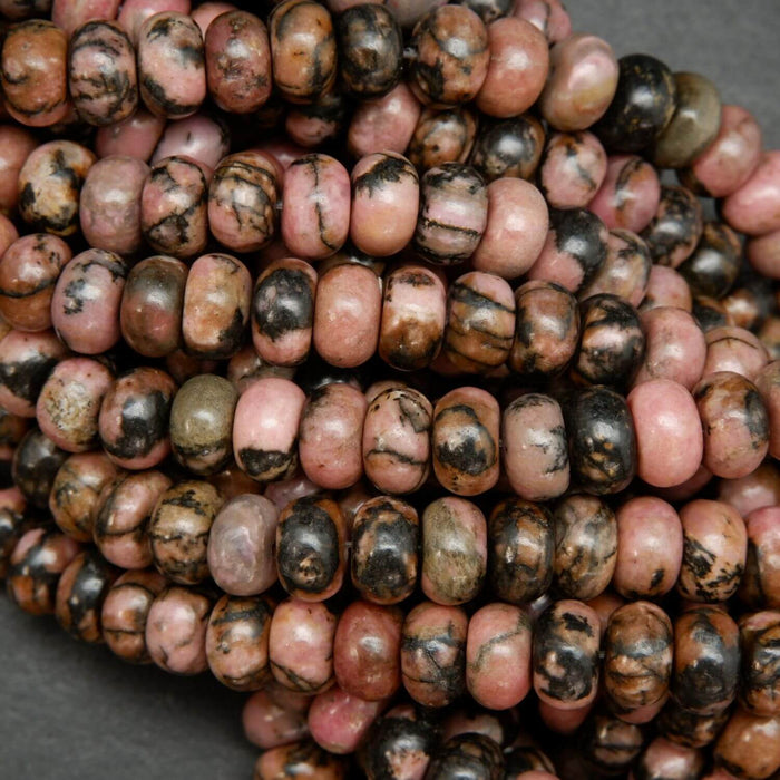 Pink rhodonite with matrix rondelle beads. Loose beads for jewelry making.