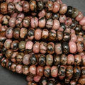 Pink rhodonite with matrix rondelle beads. Loose beads for jewelry making.