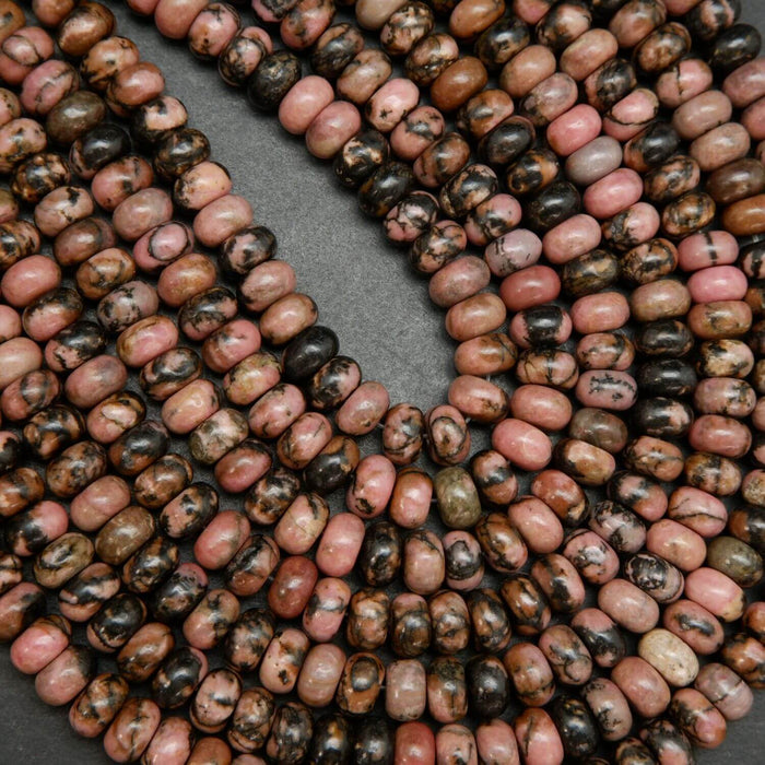 Pink rhodonite with matrix rondelle beads. Loose beads for jewelry making.
