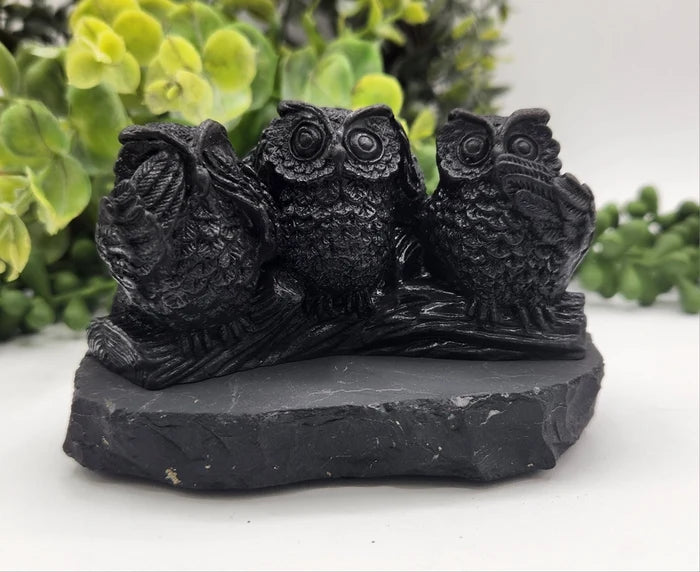 Shungite Three Owls, See no Evil, Hear no Evil, Speak no Evil, grounding FB3451 🦉