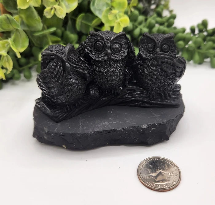 Shungite Three Owls, See no Evil, Hear no Evil, Speak no Evil, grounding FB3451 🦉
