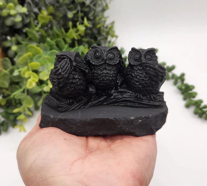 Shungite Three Owls, See no Evil, Hear no Evil, Speak no Evil, grounding FB3451 🦉
