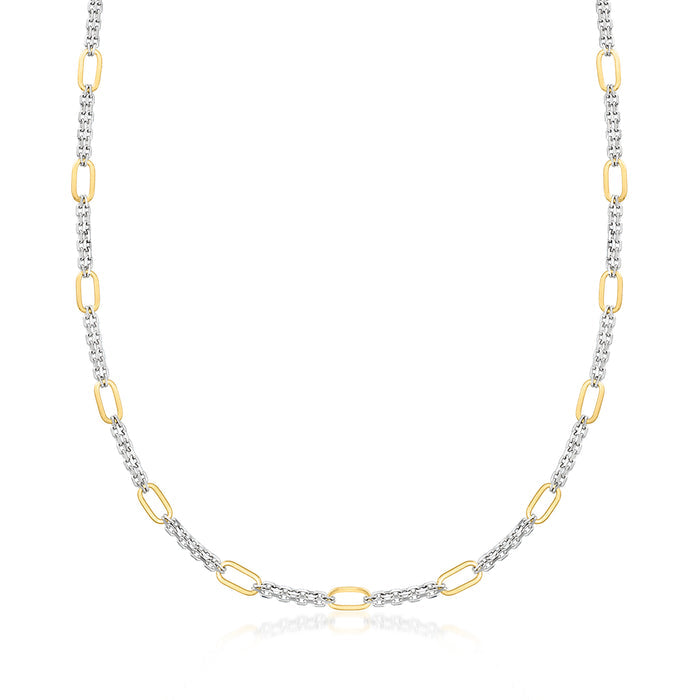 Sterling Silver and 18kt Gold Over Sterling Cable and Paper Clip Link Station Necklace