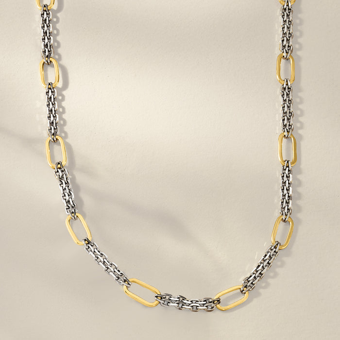 Sterling Silver and 18kt Gold Over Sterling Cable and Paper Clip Link Station Necklace