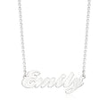 Sterling silver cursive name necklace with thin chain, engraved 'Emily' pendant