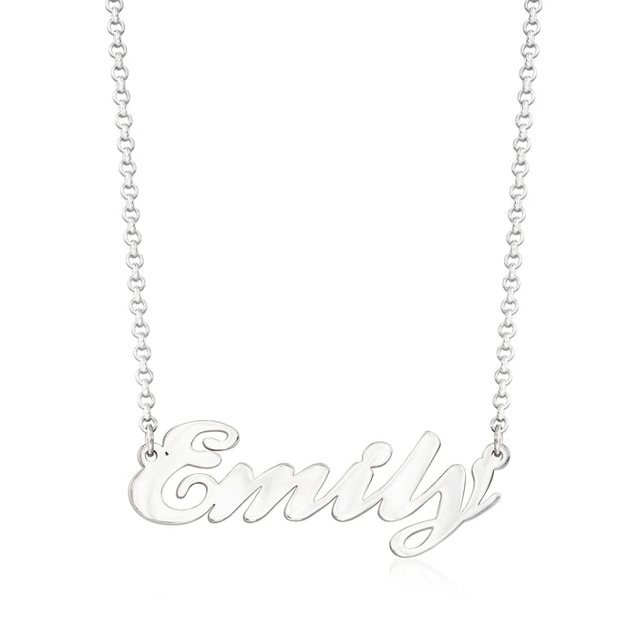 Sterling silver cursive name necklace with thin chain, engraved 'Emily' pendant