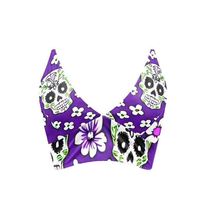 This Classic Bikini Top Features A Bold Combination Of Purple & White Floral Skulls - Everything Skull Clothing Merchandise and Accessories