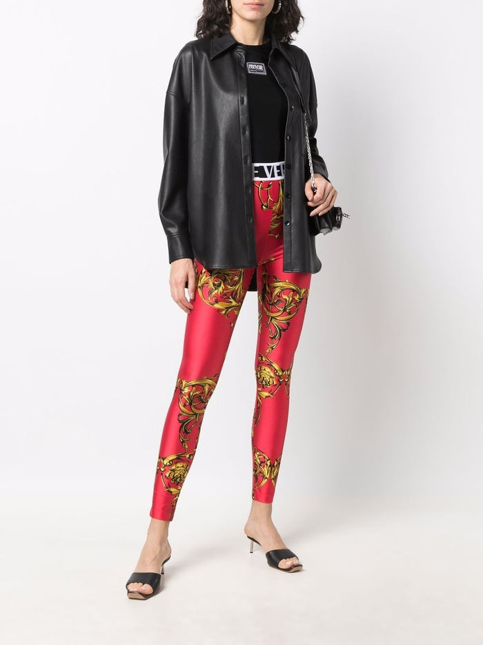 VERSACE WOMEN Baroque Print Logo Waistband Leggings Red - MAISONDEFASHION.COM