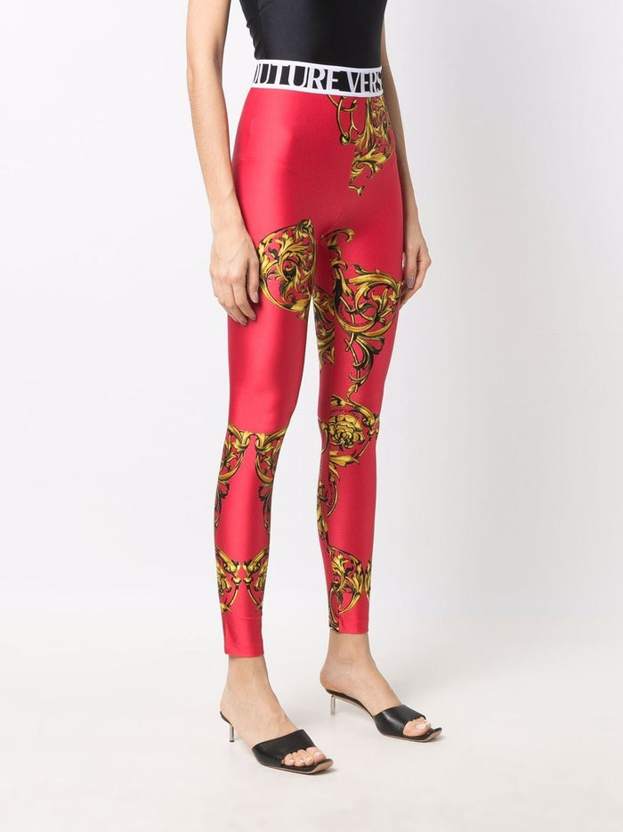 VERSACE WOMEN Baroque Print Logo Waistband Leggings Red - MAISONDEFASHION.COM