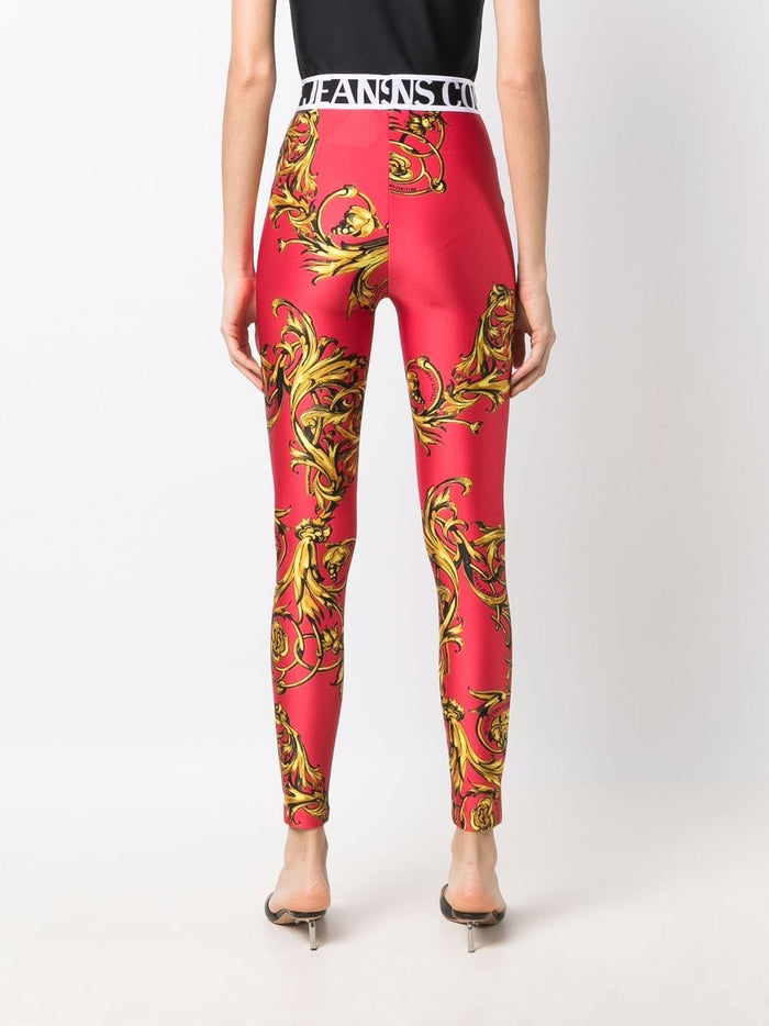 VERSACE WOMEN Baroque Print Logo Waistband Leggings Red - MAISONDEFASHION.COM