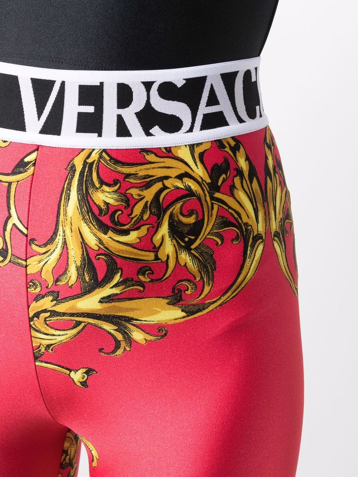 VERSACE WOMEN Baroque Print Logo Waistband Leggings Red - MAISONDEFASHION.COM