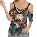 Women Skull Floral Cold Shoulder T-Shirt