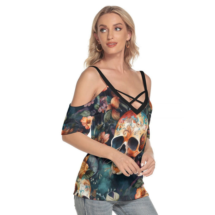 Women's Skulls Brown Floral Cold Shoulder T-shirt With Criss Cross Strips - Everything Skull Clothing Merchandise and Accessories