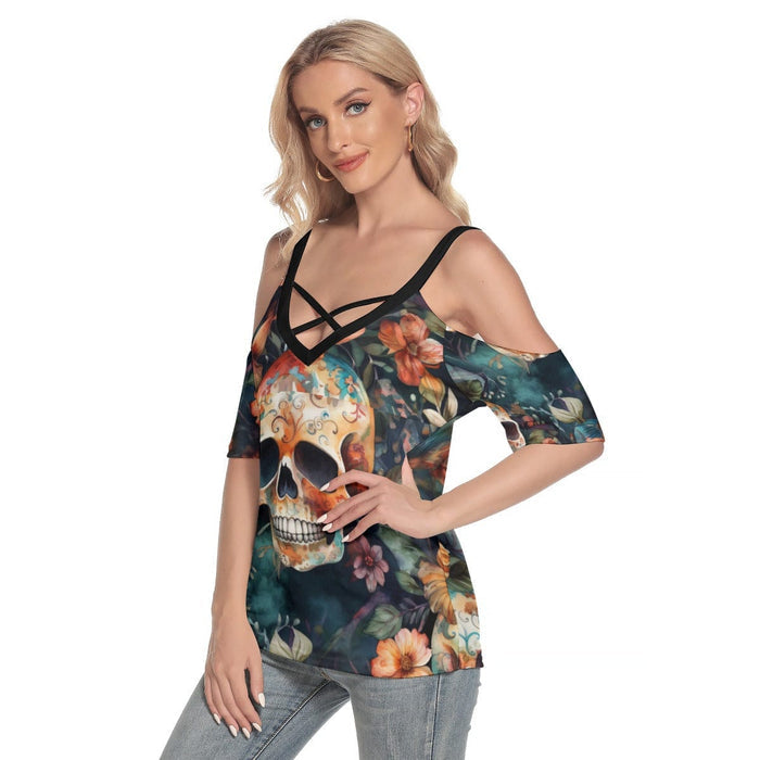 Women's Skulls Brown Floral Cold Shoulder T-shirt With Criss Cross Strips - Everything Skull Clothing Merchandise and Accessories
