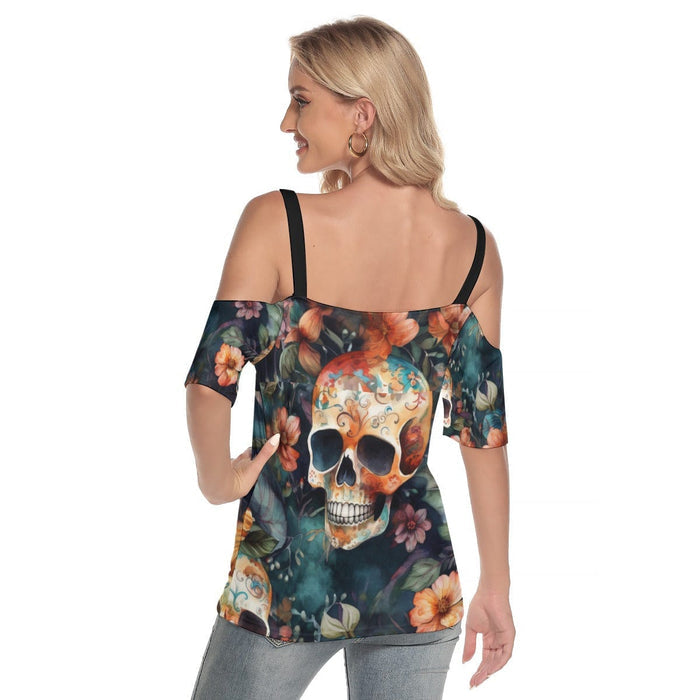 Women's Skulls Brown Floral Cold Shoulder T-shirt With Criss Cross Strips - Everything Skull Clothing Merchandise and Accessories