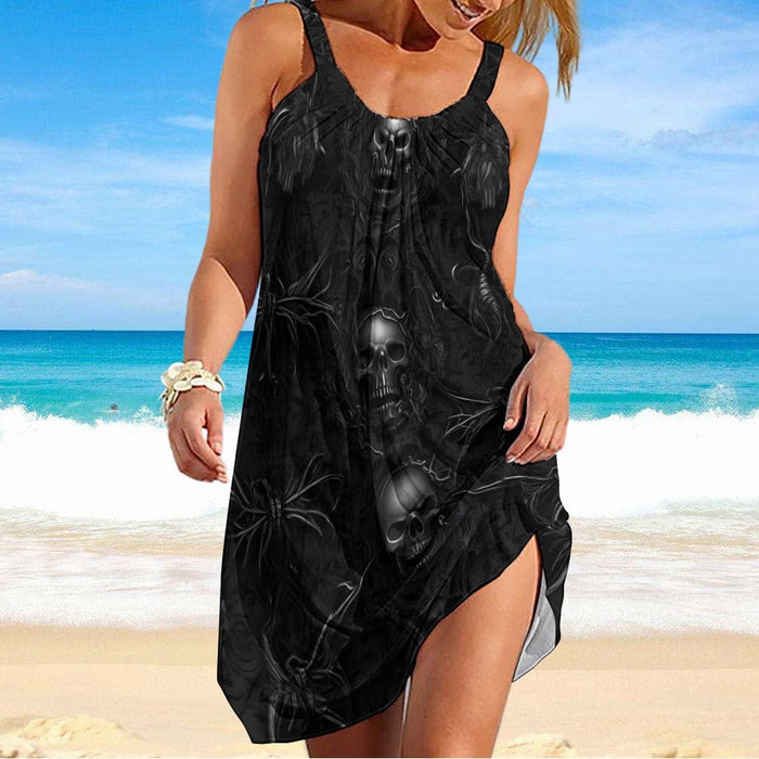 Women's Black Skulls Wide Straps Knee Length Dress - Everything Skull Clothing Merchandise and Accessories