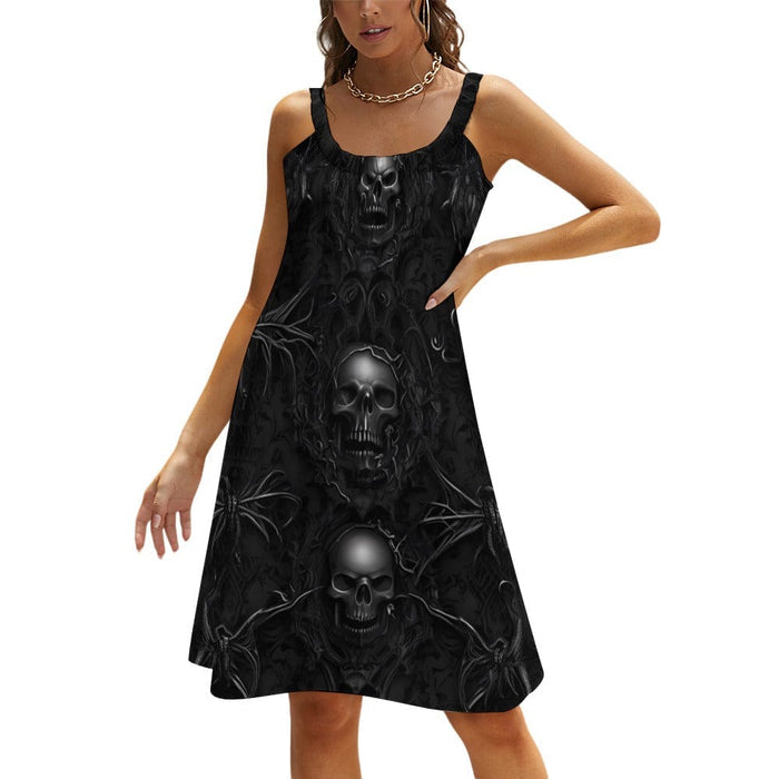 Women's Black Skulls Wide Straps Knee Length Dress - Everything Skull Clothing Merchandise and Accessories