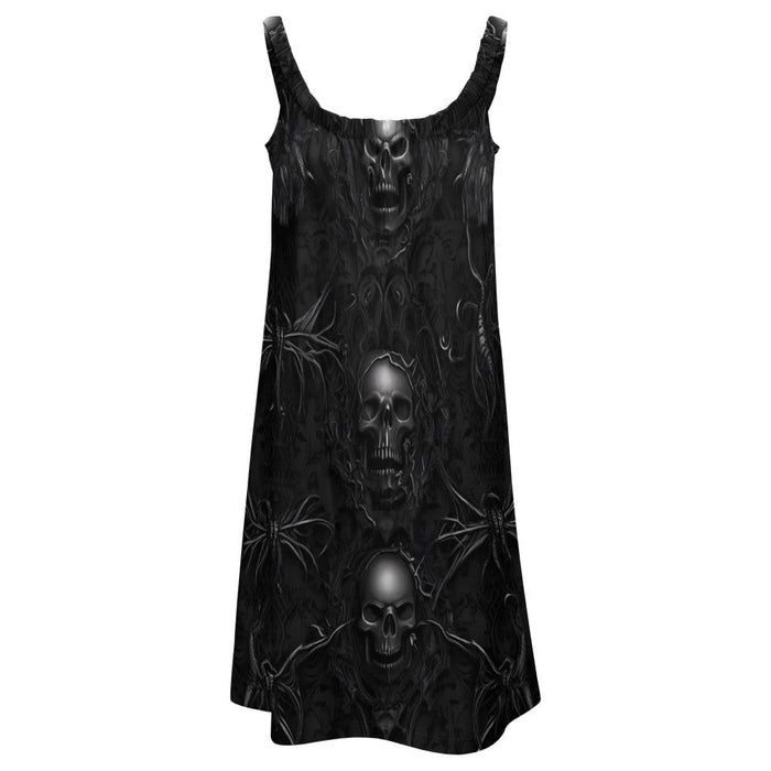 Women's Black Skulls Wide Straps Knee Length Dress - Everything Skull Clothing Merchandise and Accessories