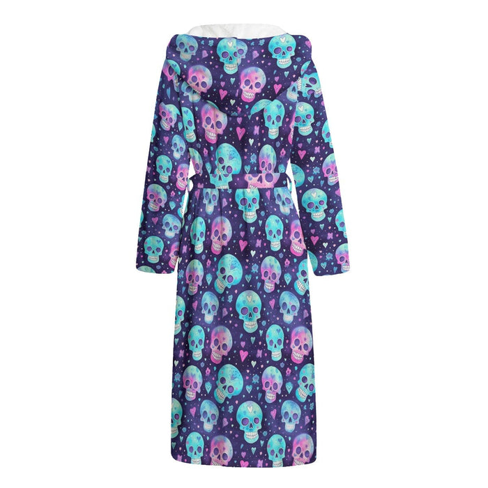 Women's Blue Pink Skulls Flannel Hooded Bathrobe - Everything Skull Clothing Merchandise and Accessories