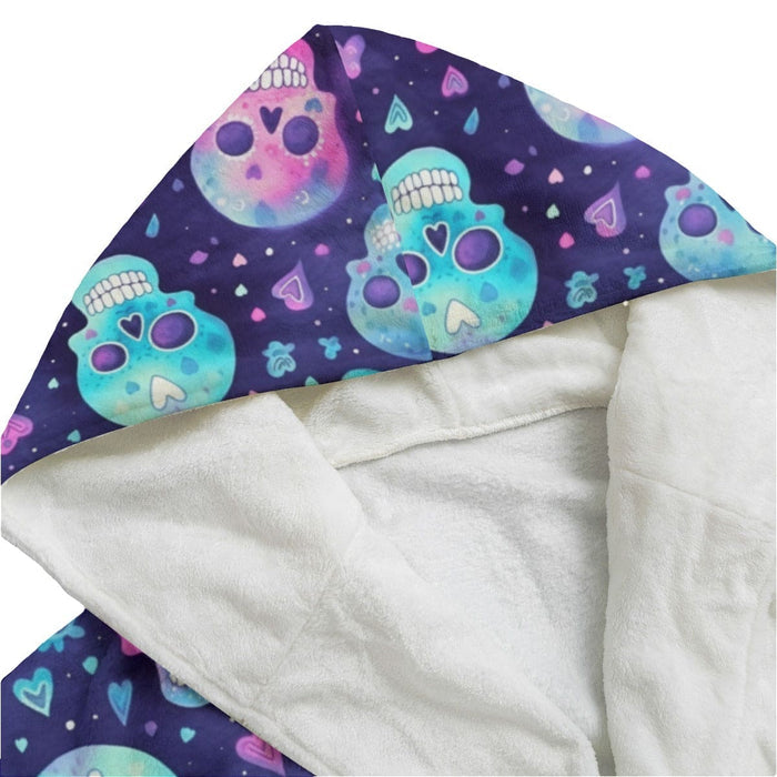 Women's Blue Pink Skulls Flannel Hooded Bathrobe - Everything Skull Clothing Merchandise and Accessories