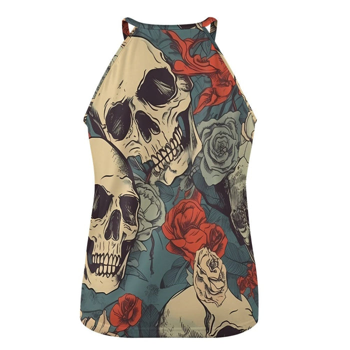 Women's Skull Red Floral Crew Neck Tank Top - Everything Skull Clothing Merchandise and Accessories