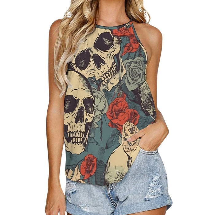 Women's Skull Red Floral Crew Neck Tank Top - Everything Skull Clothing Merchandise and Accessories