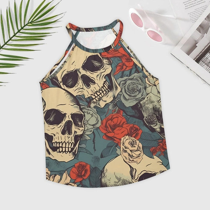 Women's Skull Red Floral Crew Neck Tank Top - Everything Skull Clothing Merchandise and Accessories