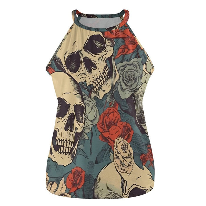 Women's Skull Red Floral Crew Neck Tank Top - Everything Skull Clothing Merchandise and Accessories